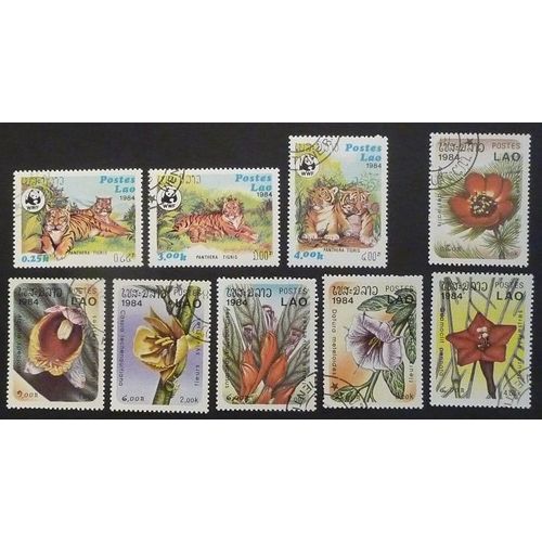 Laos Oblitéré Lot De 9 Timbres De 1984 Tigres Et Fleurs