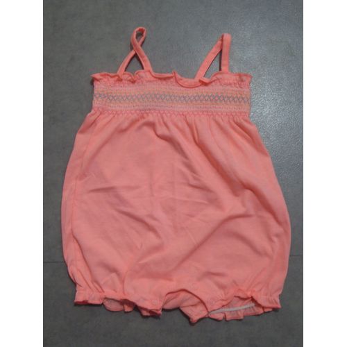 Combishort Bretelles Corail Fluo Smockée In Extenso - 9 Mois