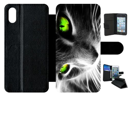 Etui À Rabat Iphone Xs Max - Chat Noir Et Blanc Yeux Vert - Simili-Cuir - Noir