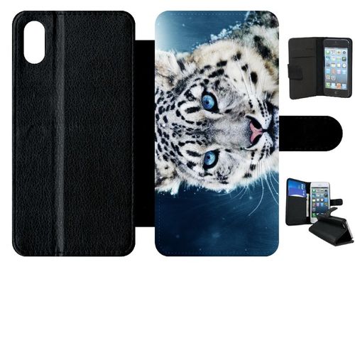 Etui À Rabat Iphone Xs Max - Tigre Blanc Yeux Bleus - Simili-Cuir - Noir