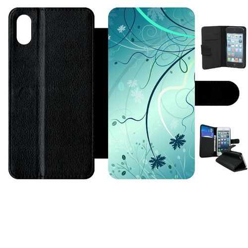 Etui À Rabat Iphone Xs Max - Abstrait Turquoise Fleur - Simili-Cuir - Noir