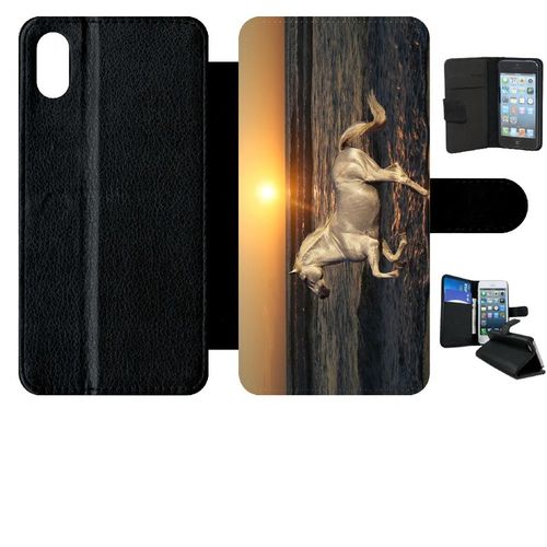 Etui À Rabat Iphone Xs Max - Cheval Blanc Couché De Soleil Sur La Plage - Simili-Cuir - Noir