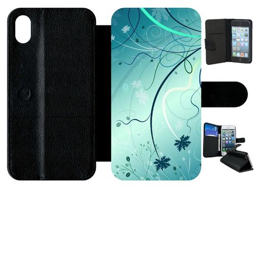 Etui À Rabat Iphone Xr - Abstrait Turquoise Fleur - Simili-Cuir - Noir
