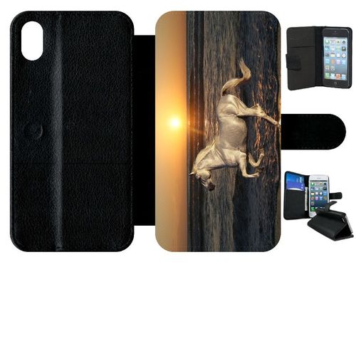 Etui À Rabat Iphone Xr - Cheval Blanc Couché De Soleil Sur La Plage - Simili-Cuir - Noir
