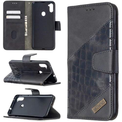 Samsung Galaxy A11/M11 Étui Pour Téléphone Antichoc Cover Crocodile Épissage Pu Cuir Coque Housse Avecmagnétique Porte Cartes De Crédit Stand Support Noir