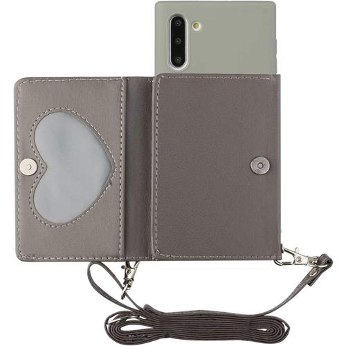 Coque Collier Pour Samsung Galaxy Note 10 Pu Cuir Portefeuille Cover Bumper Housse Case Cordon Avec Porte Cartes Supporter Stand Tour De Cou Lanière Grise