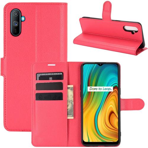 Coque Pour Realme C3, Stand Pour Téléphone Portable/Avec Emplacements Pour Cartes De Crédit/Couvercle De Fermeture Magnétique,Pour Realme C3 Housse Rouge