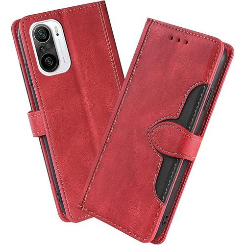 Housse Pour Telephone Xiaomi Poco F3/Xiaomi Mi 11i Etui, Pu/Tpu Rétro Retourner Cuir Coque Magnétique Anti Chute Portefeuille Protection Case Cover, Rouge