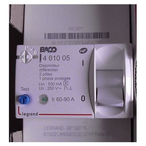 legrand 401005 - Disjoncteur de branchement EDF 2P 60-90A - diff 500mA - sélectif - BACO