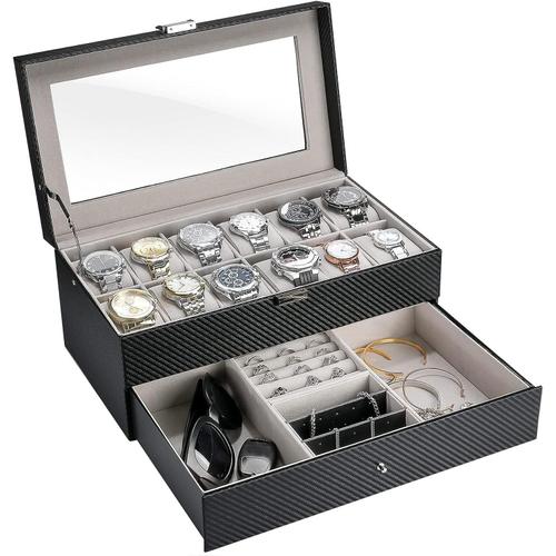 Boîte À Montre À 12 Compartiments, Rangement Montre Coffret À Bijoux En Cuir Gainé, 1ème Compartiment Pour Montres, 2ème Compartiment Pour Des Petits Bijoux, Sans Perdre Ou Abîmer Montres-Rayé