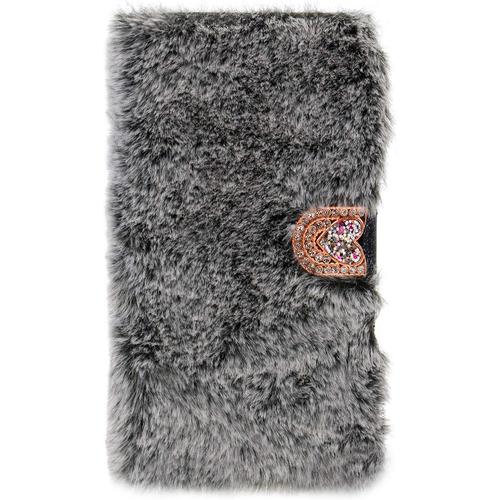 Compatible Pour Samsung Galaxy A22 4g Lapin Fourrure Coque À Rabat, Coeur Strass Fermoir Magnétique Housse De Protection Souple Peluche Étui De Téléphone Avec Porte Carte, Grey #2