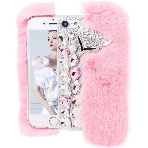 Fourrure En Lapin Strass Coque Pour Samsung Galaxy S21 Plus 5g, Fait À La Main Diamant 3d Renard Design Souple Peluche Housse De Protection Antichoc Transparent Tpu Étui De Téléphone, Rose #3