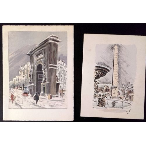 Lot De 2 Cartes De Voeux Anciennes : Dessin Pastel Fusain Paris Porte Saint-Denis Et La Concorde
