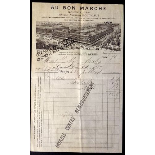 Facture Ancienne 1918 : Au Bon Marché, Maison Aristide Boucicaut
