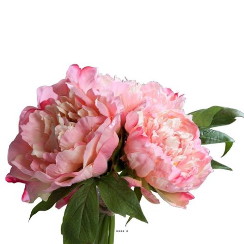 Bouquet De 3 Pivoines Epanouies Artificielles Corde Et Feuillage H 26 Cm Rose