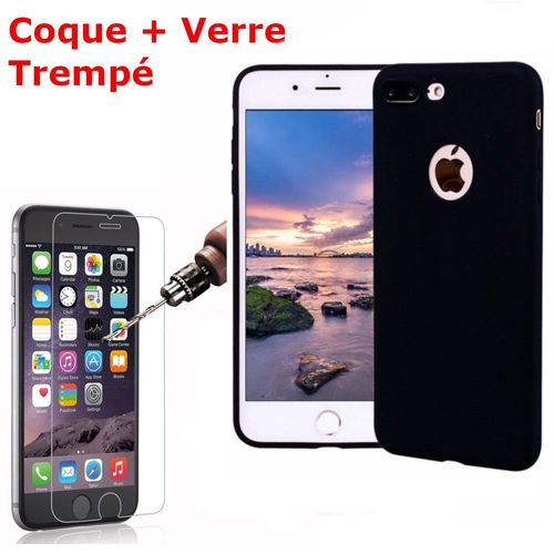 Coque Souple Silicone Pour Iphone 7 Plus / Iphone 8 Plus Noir + Verre Trempé Anti Chocs Et Rayures Vitre De Protection Couleur :