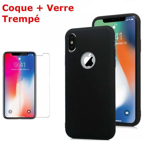 Coque Souple Silicone Pour Iphone X (10) / Xs (10s) Noir + Verre Trempé Anti Chocs Et Rayures Vitre De Protection Couleur :