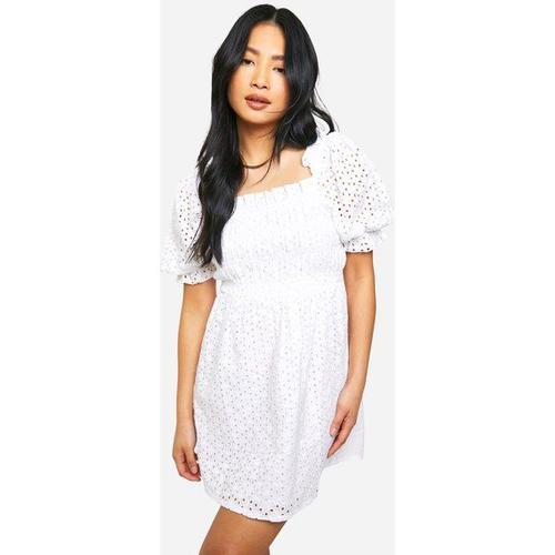 Petite Broderie Puff Sleeve Shirred Dress - Blanc - 14