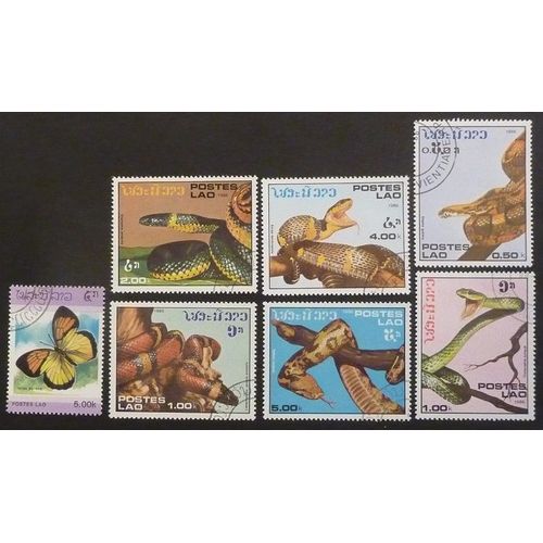 Laos Oblitéré Lot De 7 Timbres De 1986 Papillons Serpents