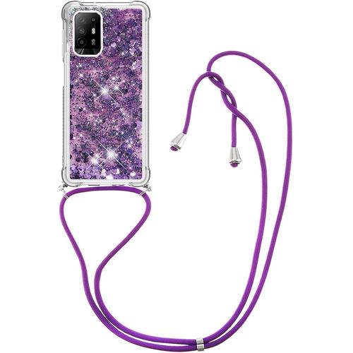 Collier Pour Oppo A94 5g Coque Glitter Quicksands Étui De Téléphone Avec Cordon,Réglable Téléphone Lanyard Case,Antichoc Etui Brillante Housse Cover-Mauve