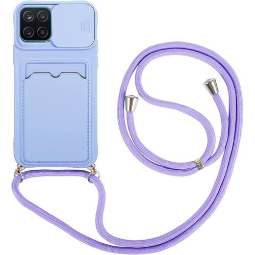 Coque Pour Samsung Galaxy A12 5g / M12 Avec 2 Pièces Protection Écran,Avec Lentille Coulissante Antidérapant Couverture, Avec Cordon Case Tpu Bumper-Mauve