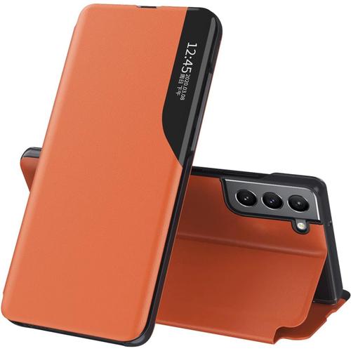 Robuste Housse Pour Telephone Samsung Galaxy S22 Etui,Placage Miroir Fenêtre Intelligente Hard Pc/Pu Protection Coque Rugged Armor Bumper Case Cover-Orange