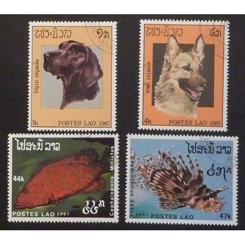Laos Oblitéré Lot De 4 Timbres De 1987 Chiens Et Poissons