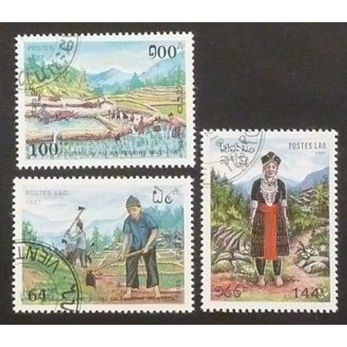 Laos Oblitéré Lot De 3 Timbres De 1987 Culture Du Riz