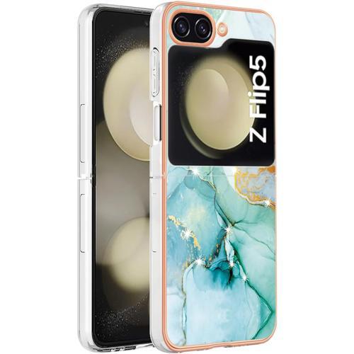 Coque Pour Samsung Galaxy Z Flip 5 5g / Samsung Z Flip 5 5g Case Étui Avec Motif En Marbre Coloré Doré - Housse Protection Antichoc Pour Dames Fille - Vert