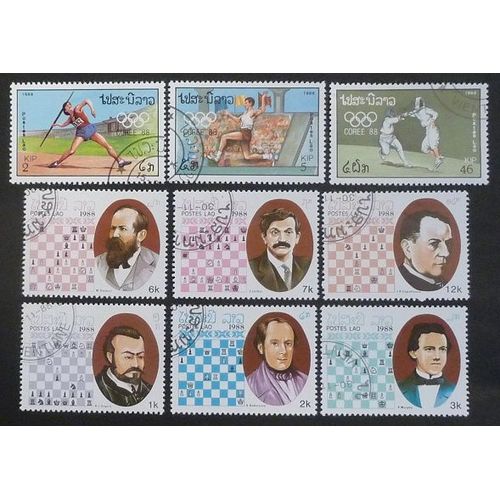 Laos Oblitéré Lot De 9 Timbres De 1988 J O Séoul +Echecs