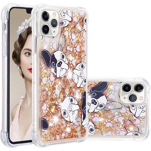 Compatible Avec Coque Iphone 11 Pro Glitter Sables Mouvant Étui Transparente Souple Silicone Tpu Quatre Coins Anti-Chute Housse Protection-Chien Blanc Noir