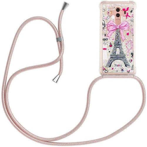 Coque Huawei Mate 10 Pro Liquide Paillettes Bling Avec Corde, Coque De Protection En Tpu Silicone Souple Cristal Transparent Avec Cordon Pendentif Réglable