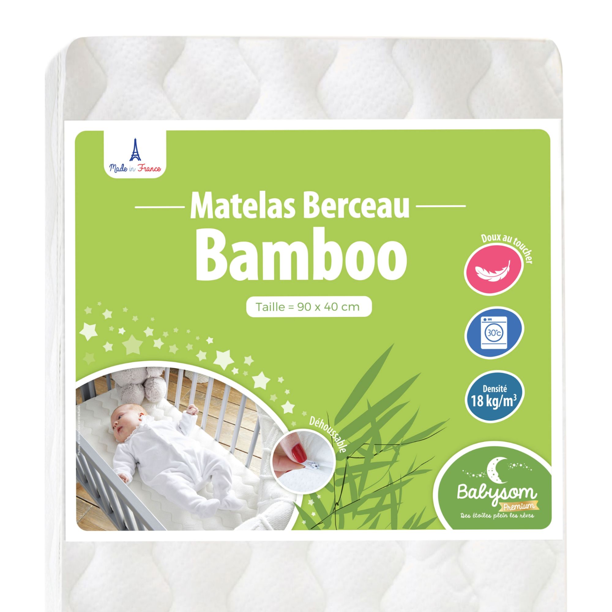 Babysom - Matelas De Berceau Bamboo - 90x40cm - Forme Rectangulaire - Déhoussable - Garantie 2 Ans - Fabrication Francaise