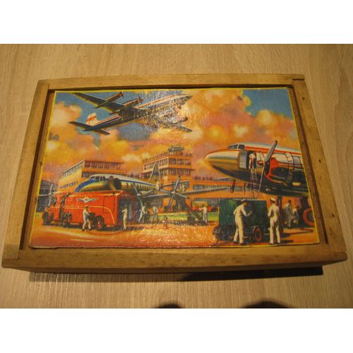 Puzzle Ancien Avion, Camion Et Aéroport. 250 Pièces En Boite Bois