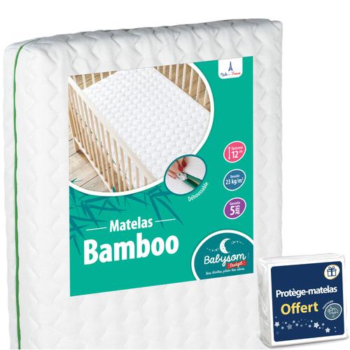 Babysom - Matelas Bébé Bamboo + 1 Protège Matelas Imperméable Offert - 60x120cm - Déhoussable - Epaisseur 12cm