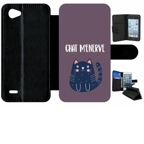 Etui A Rabat - Chat M Enerve Fond Violet Chat Bleu - Compatible Avec Lg Q6 - Simili-Cuir - Bord Noir