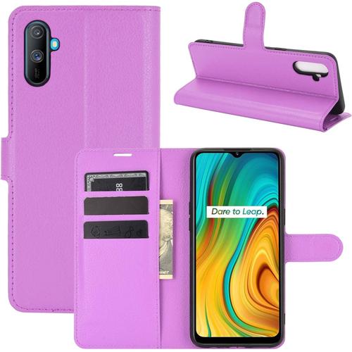 Coque Pour Realme C3, Stand Pour Téléphone Portable/Avec Emplacements Pour Cartes De Crédit/Couvercle De Fermeture Magnétique,Pour Realme C3 Housse Violet