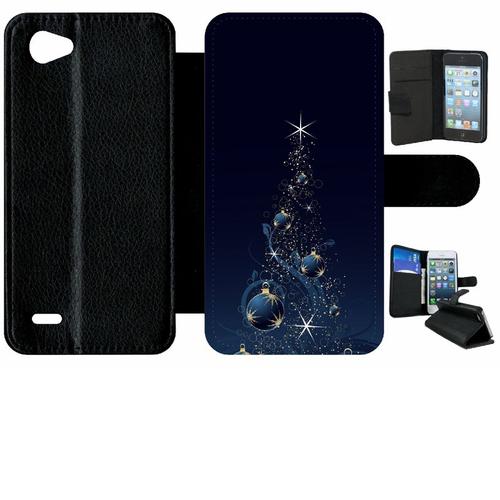 Etui A Rabat - Noel Sapin Et Boule Bleu - Compatible Avec Lg Q6 - Plastique - Bord Noir