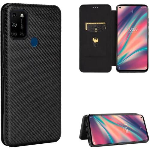 Compatible Avec Coque Wiko View 5 Plus, Mince Flip Fibre De Carbone Test De Chute Antichoc Stand Fente Avec Carte, Protecteur D'écran En Verre Trempé*2-Noir