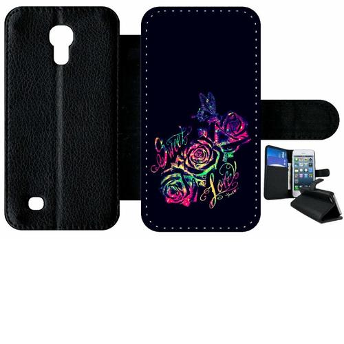 Etui À Rabat Samsung I9190 Galaxy S4 Mini - Sweet Love Rose Multicolor - Simili-Cuir - Noir