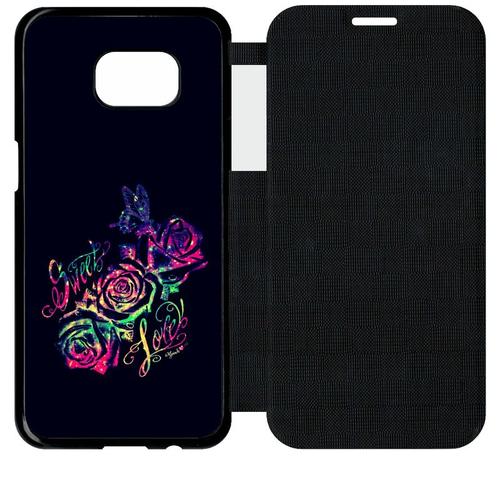 Etui A Flip Flap - Sweet Love Rose Multicolor - Compatible Avec Samsung Galaxy S7 Edge - Simili-Cuir - Bord Noir