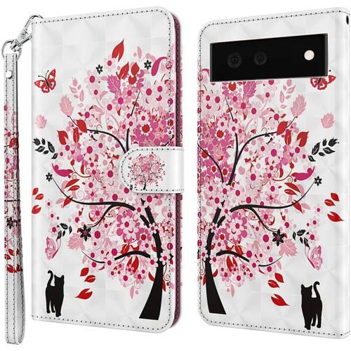 Étui Pour Google Pixel 6 6 4 Pouces Pu Cuir Portefeuille Magnétique Protection Housse En Cuir Pochette Stent Fonction Coque Tpu Flip Cuir 3d Arbre À Fleurs