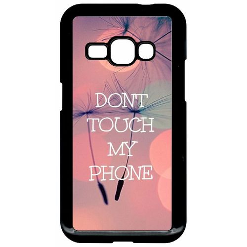 Coque Pour Smartphone - Dont Touch My Phone Fond Rose Poudree - Compatible Avec Samsung Galaxy J1 (2016) - Plastique - Bord Noir
