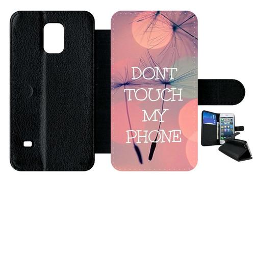 Etui A Rabat - Dont Touch My Phone Fond Rose Poudree - Compatible Avec Samsung Galaxy S5 - Simili-Cuir - Bord Noir