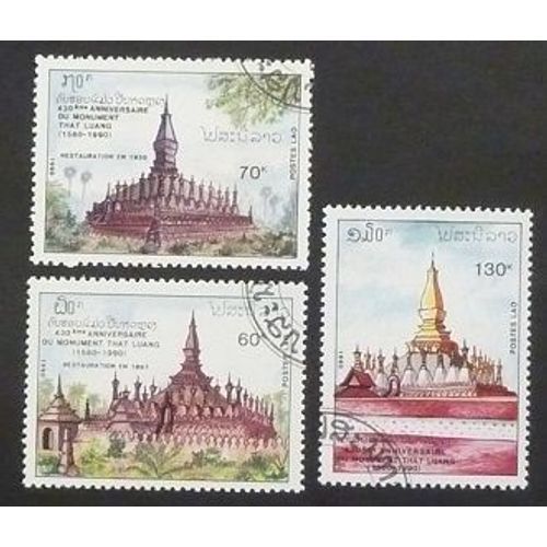 Laos Oblitéré Lot De 3 Timbres De 1990 Thatcher Luang