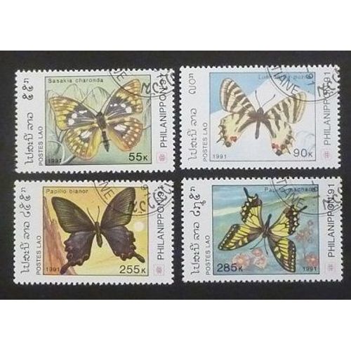 Laos Oblitéré Lot De 4 Timbres De 1991 Papillons