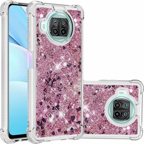 Compatible Avec Coque Xiaomi Mi 10t Lite 5g Brillant Liquide Sables Mouvant Transparent Quatre Coins Anti-Lutte Tpu Pare-Coeur D'amour En Or Rose Et Diamant