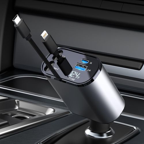 Chargeur De Voiture Rétractable 60 W,Chargeur Téléphone 4 En 1,Câbles Charge Rapide Et Adaptateur De Chargeur De Voiture 2 Ports Usb,Pour Iphone 15/Ipad,Galaxy/Google/Huawei