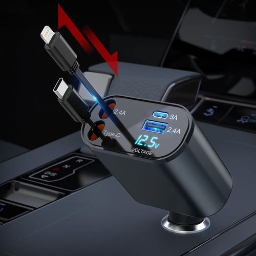 Chargeur De Voiture Rétractable, Chargeur Rapide 4 En 1 100w, Câbles Rétractables (2.6ft) Iphone+Type C Et 2 Ports De Charge Compatibles Avec Iphone 15/14/13/12 Pro Max, Samsung S23/S22/S20, Google