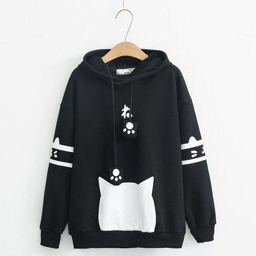 Sweat Capuche Noir Epais Oreille Chat Kawaii Pull Veste